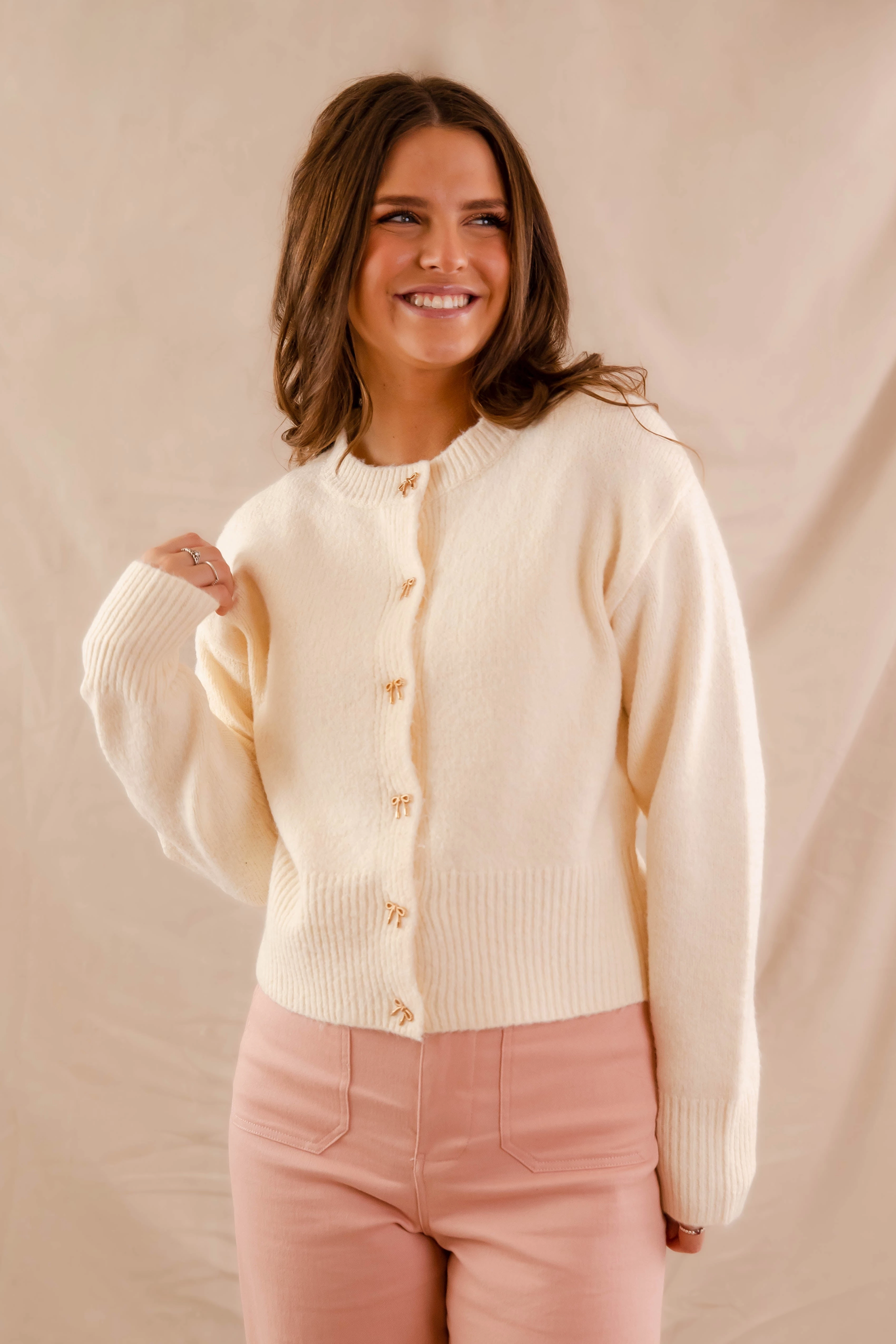 Subtle Texture Weave NonPill Surface Treatment Totally Smitten Cardigan-Cream