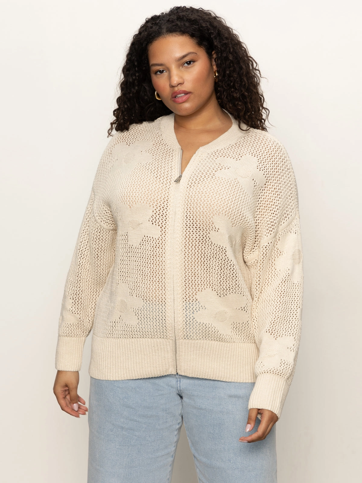 Flower Pop Open Stitch Jacket Eco Natural Extended Sizing Multi Pocket Style