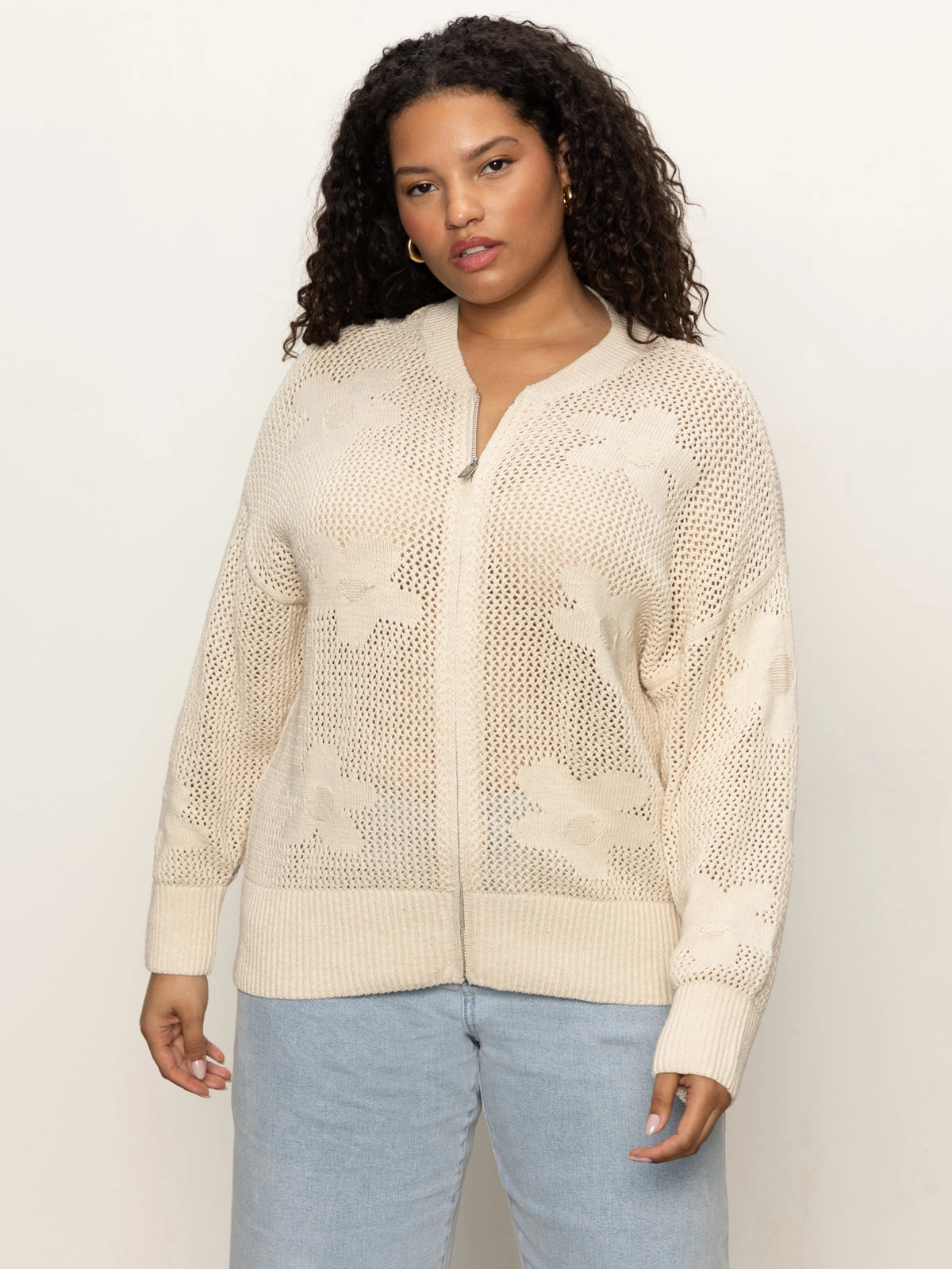 Ribbed Edging Minimal Fashion Flower Pop Open Stitch Jacket Eco Natural Extended Sizing