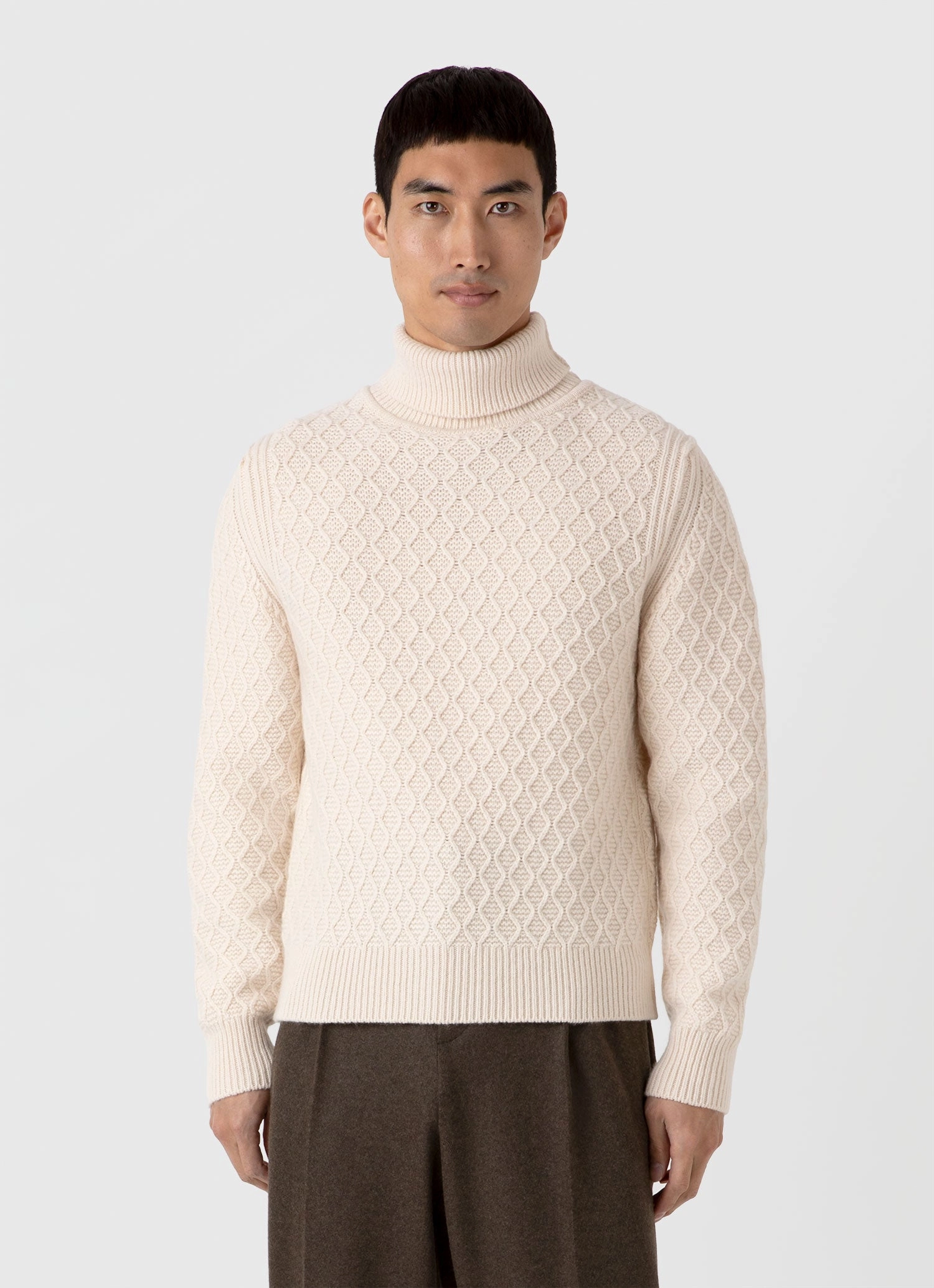 Fall Outfit Men's WM Brown Aran Roll Neck in Ecru