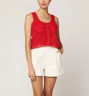 Wrinkle Resistant Weave Miyuki Crochet Top | Poppy Red Heather Effect Finish Minimalist Aesthetic Miyuki Crochet Top | Poppy Red