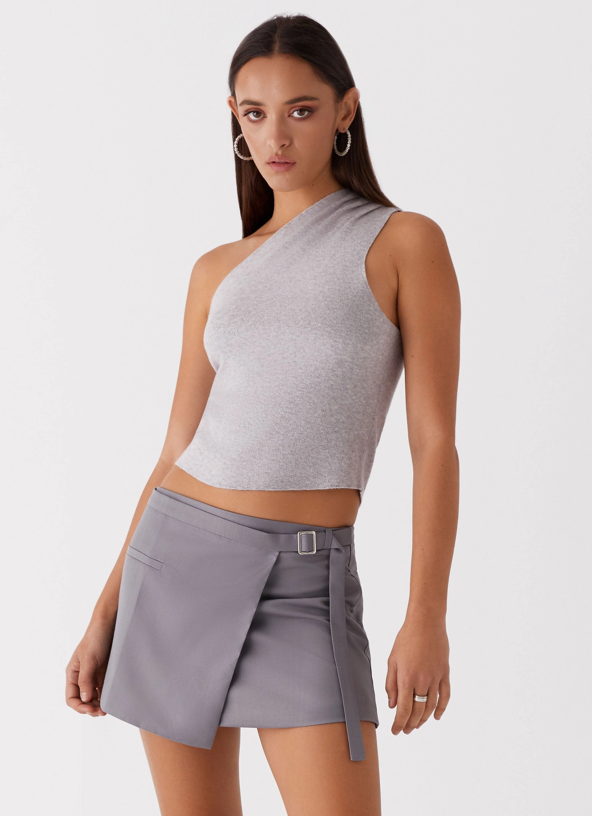 BreathableBack Anti Bacterial Layer Indy One Shoulder Knit Top - Grey