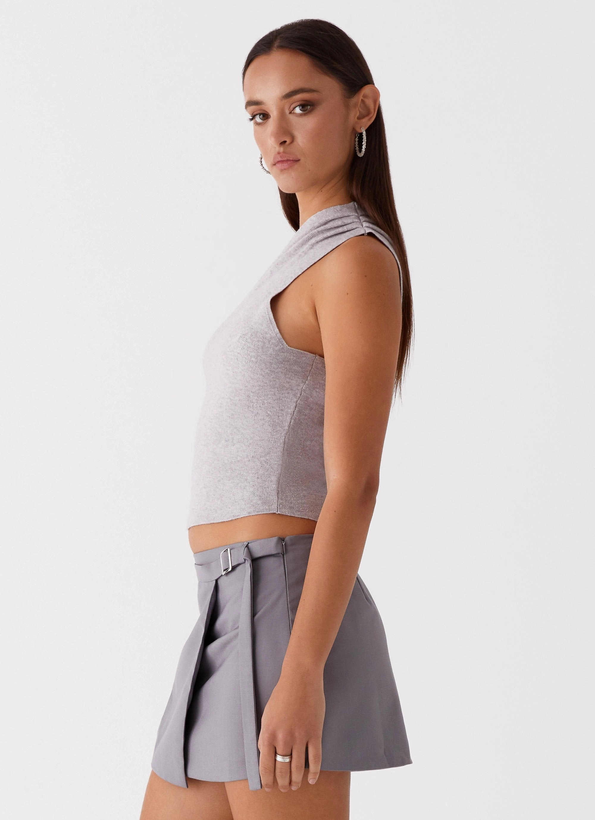 Indy One Shoulder Knit Top - Grey SoftBrushed