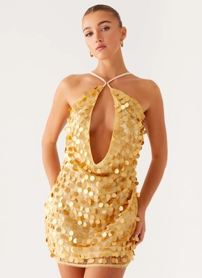 Xander Sequin Mini Dress - Gold Petite friendly Bow Glow