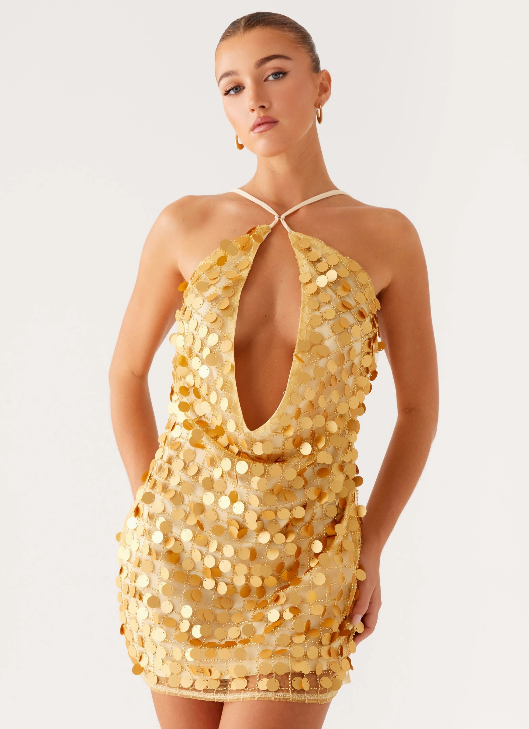 Xander Sequin Mini Dress - Gold Petite friendly Bow Glow