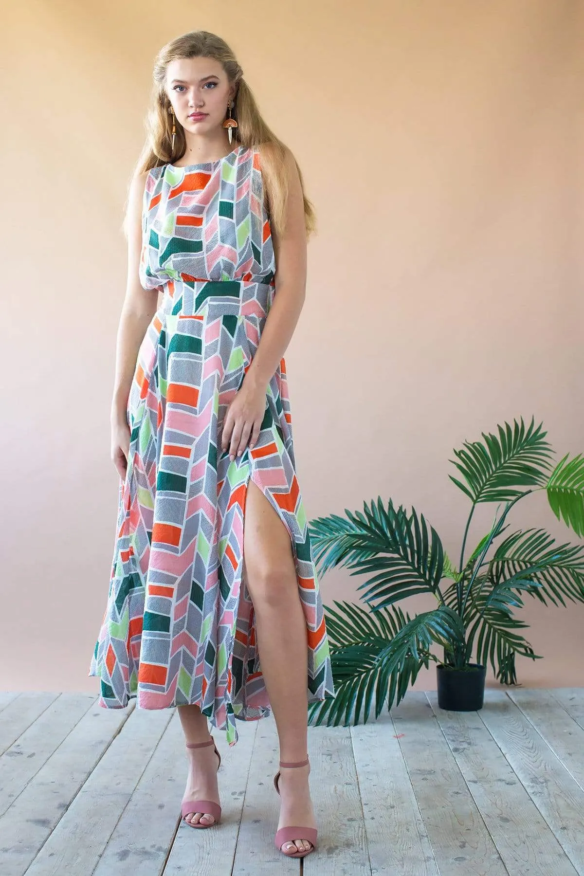 Xena Dress - Peach Geo Soft Draping Simple Profile