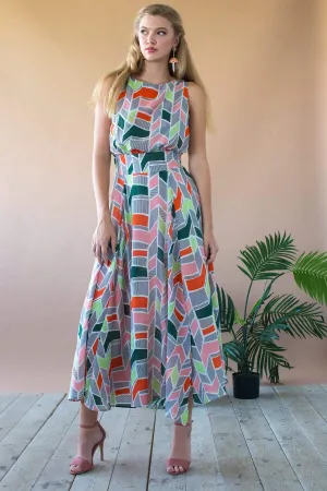 Xena Dress - Peach Geo Unique Vibe Square Neck High-waist Xena Dress - Peach Geo