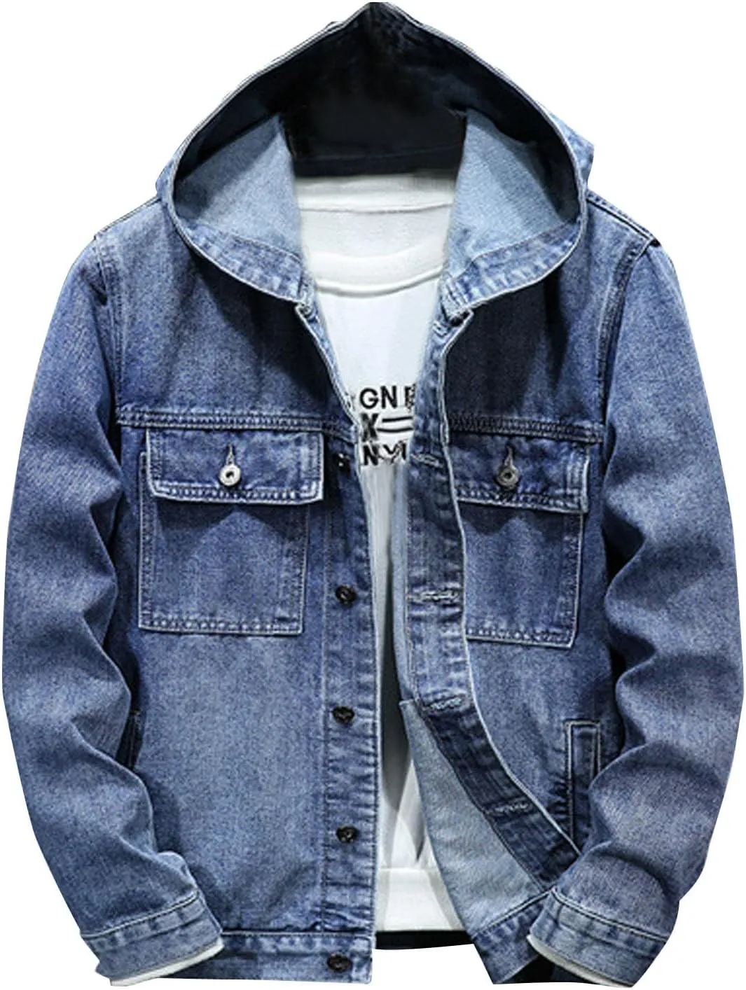 Xiaojmake Men's Distressed Denim Jacket Hooded Button Down Jean Coat Casual Fashion Long Sleeve Trucker Jackets Outwear