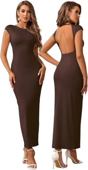 XinFSh Women Formal Maxi Dresses Elegant Cap Sleeve Bodycon Dress Crew Neck Slim Fit Backless Long Dress