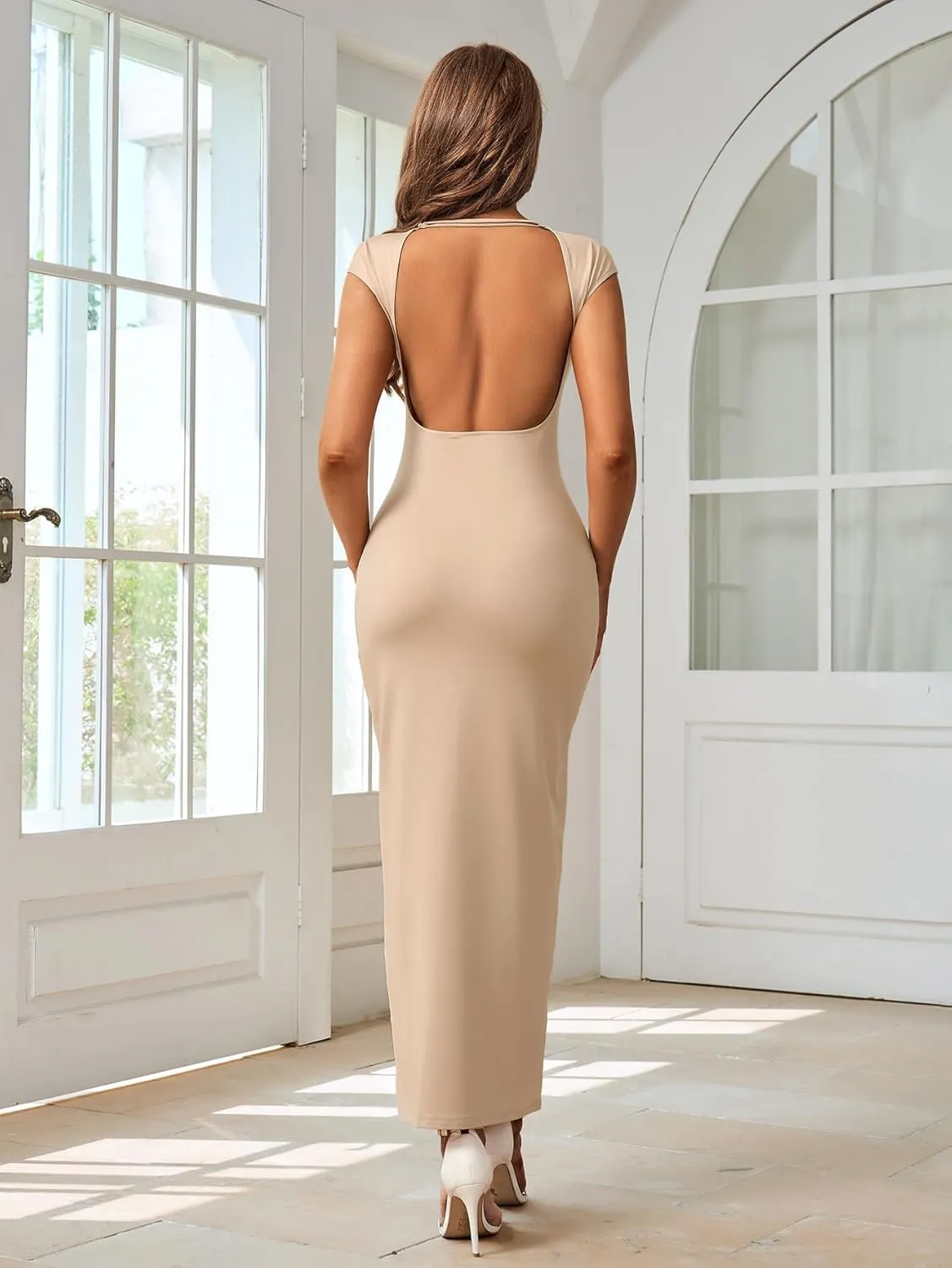 XinFSh Women Formal Maxi Dresses Elegant Cap Sleeve Bodycon Dress Crew Neck Slim Fit Backless Long Dress