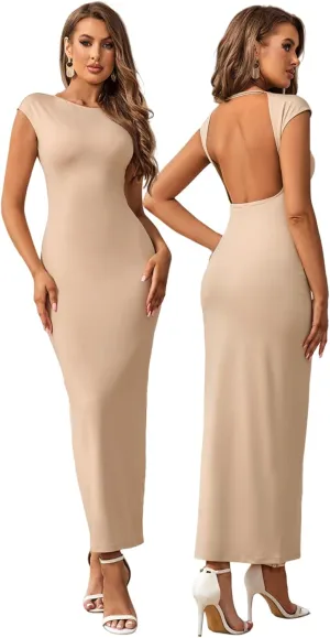 XinFSh Women Formal Maxi Dresses Elegant Cap Sleeve Bodycon Dress Crew Neck Slim Fit Backless Long Dress