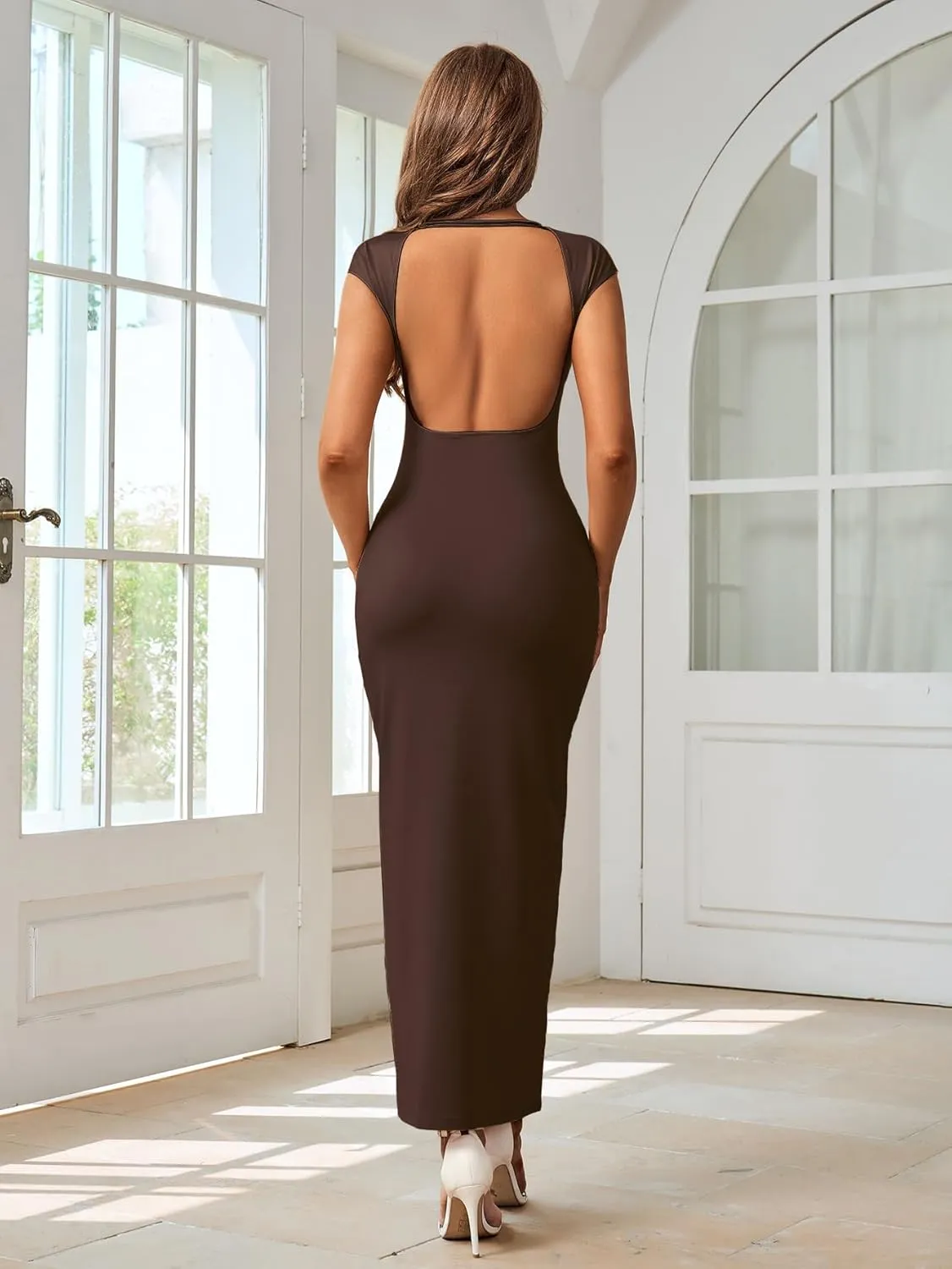 XinFSh Women Formal Maxi Dresses Elegant Cap Sleeve Bodycon Dress Crew Neck Slim Fit Backless Long Dress