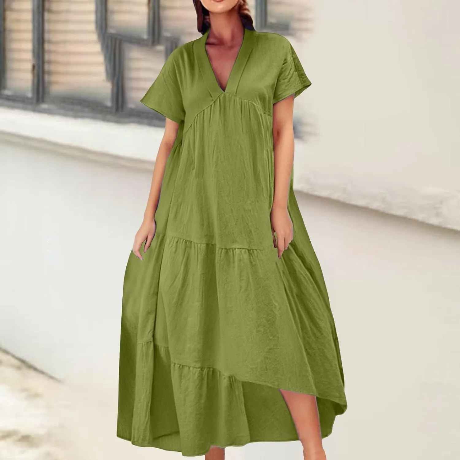 XOWRTE Women Short Sleeve Summer Dress Down V Neck Ruffle Tiered Maxi Dresses Knee Length Summer Dresses