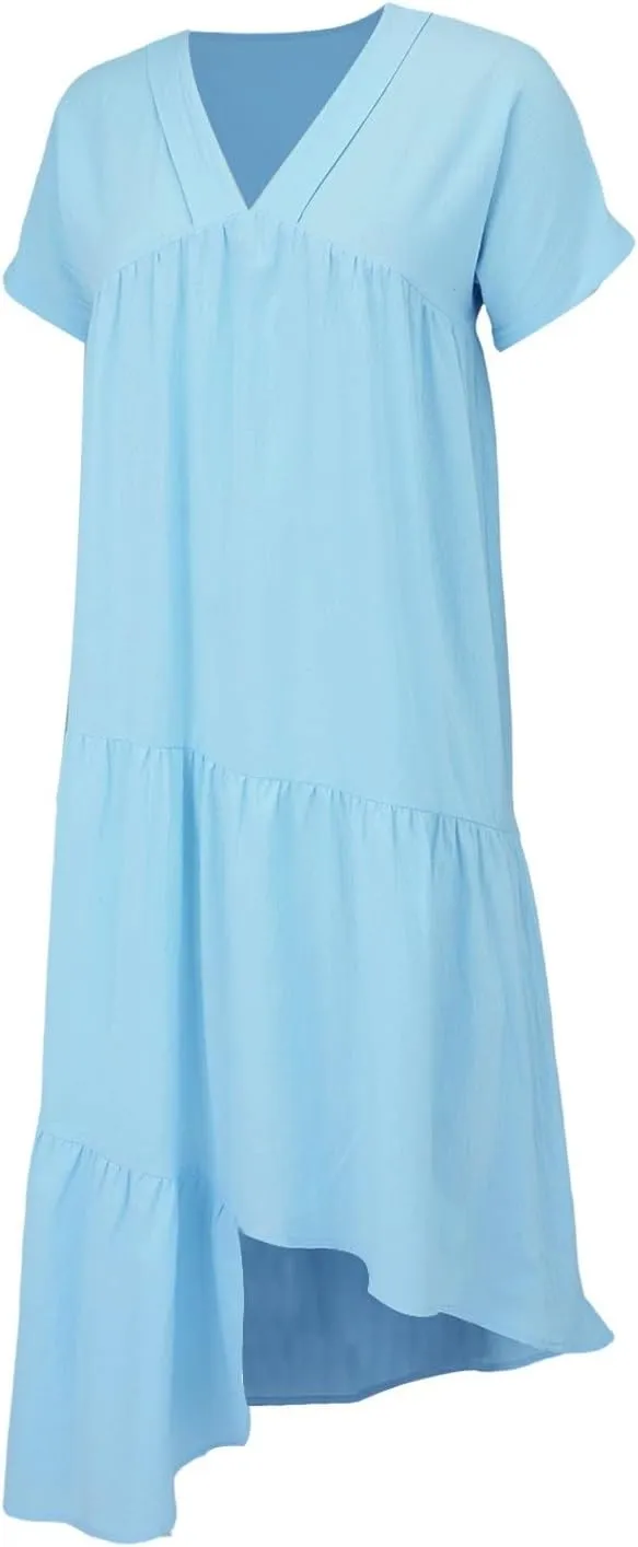XOWRTE Women Short Sleeve Summer Dress Down V Neck Ruffle Tiered Maxi Dresses Knee Length Summer Dresses