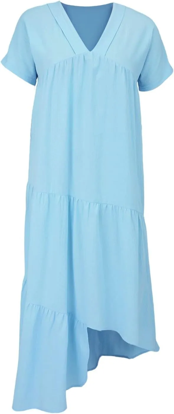 XOWRTE Women Short Sleeve Summer Dress Down V Neck Ruffle Tiered Maxi Dresses Knee Length Summer Dresses