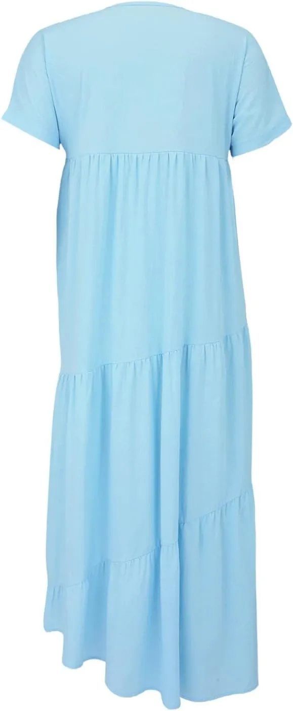 XOWRTE Women Short Sleeve Summer Dress Down V Neck Ruffle Tiered Maxi Dresses Knee Length Summer Dresses