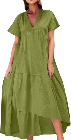 XOWRTE Women Short Sleeve Summer Dress Down V Neck Ruffle Tiered Maxi Dresses Knee Length Summer Dresses