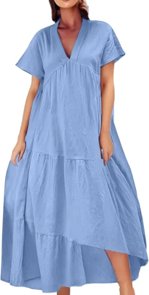 XOWRTE Women Short Sleeve Summer Dress Down V Neck Ruffle Tiered Maxi Dresses Knee Length Summer Dresses