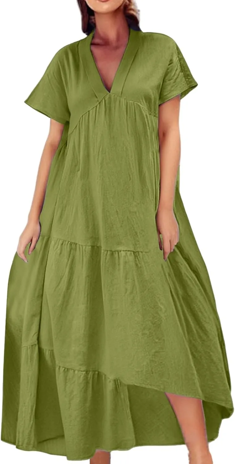 XOWRTE Women Short Sleeve Summer Dress Down V Neck Ruffle Tiered Maxi Dresses Knee Length Summer Dresses