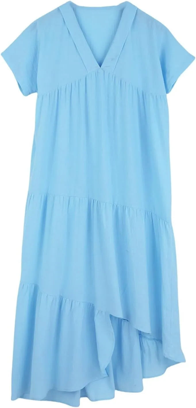 XOWRTE Women Short Sleeve Summer Dress Down V Neck Ruffle Tiered Maxi Dresses Knee Length Summer Dresses