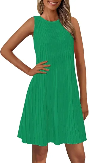 XOWRTE Womens 2025 Summer Sleeveless Mini Dress Crewneck Loose Tank A Line Pleated Swing Flowy Party Dresses Solid Color
