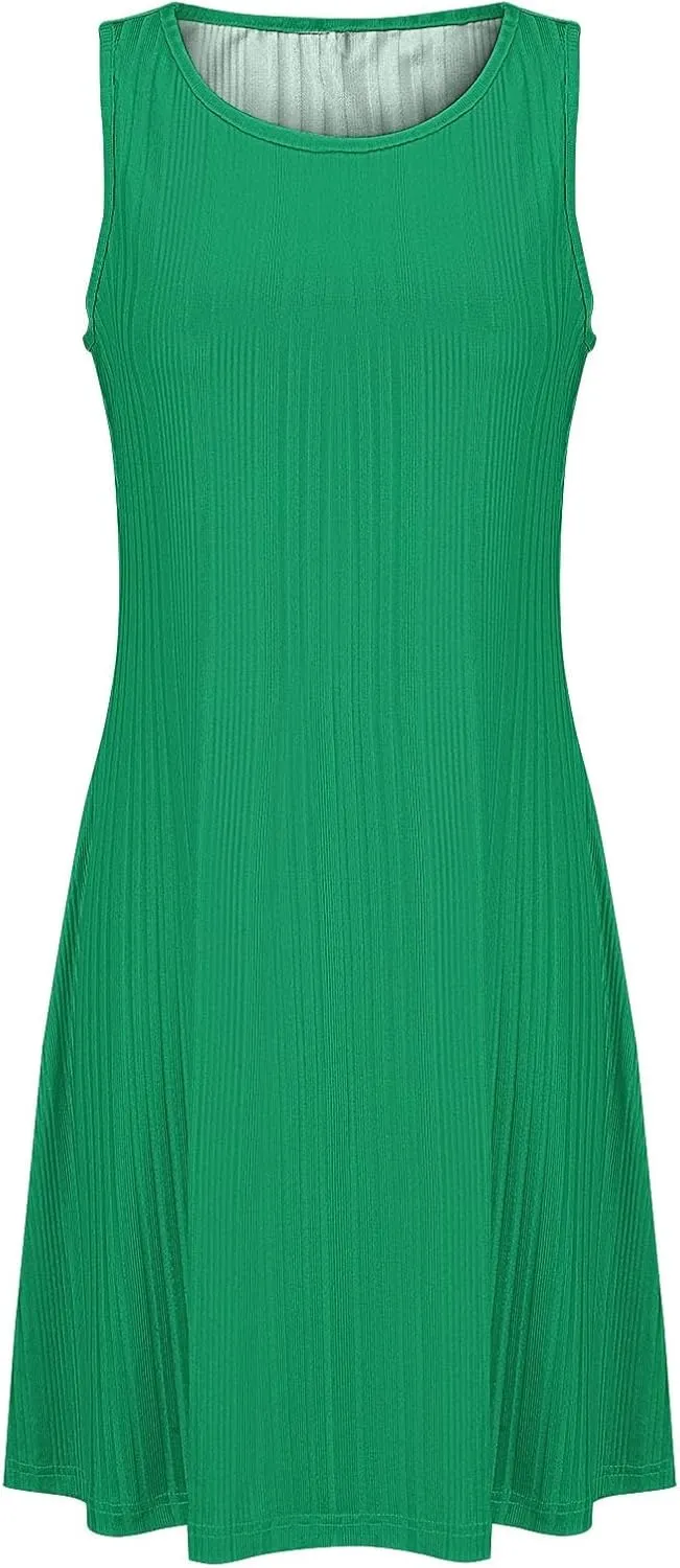 XOWRTE Womens 2025 Summer Sleeveless Mini Dress Crewneck Loose Tank A Line Pleated Swing Flowy Party Dresses Solid Color