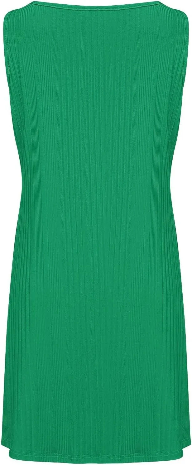 XOWRTE Womens 2025 Summer Sleeveless Mini Dress Crewneck Loose Tank A Line Pleated Swing Flowy Party Dresses Solid Color