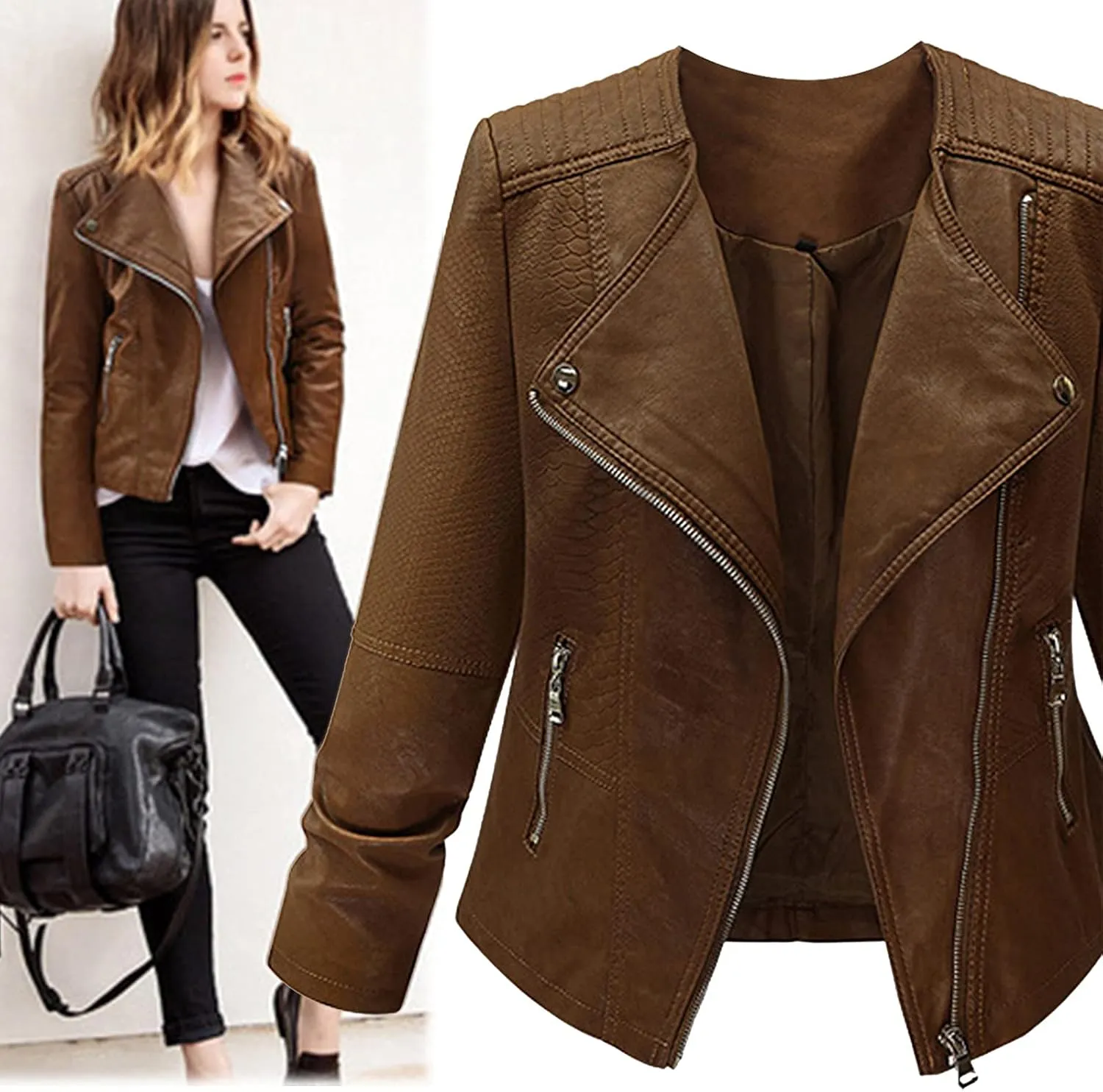 XUETON Women's Fashion Vintage Jacket Faux Suede Leather Long Sleeve Zipper Short Moto Biker Coat Cropped Outerwear
