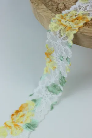 Yellow Floral on White 1.5" Wide Stretch Lace