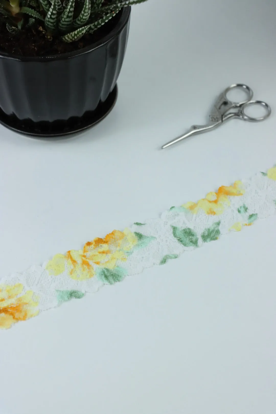 Yellow Floral on White 1.5" Wide Stretch Lace