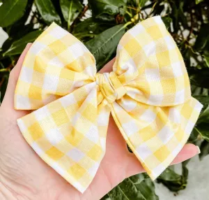 Yellow Gingham Fabric Hand Tied Bow Headband | Hair Clip