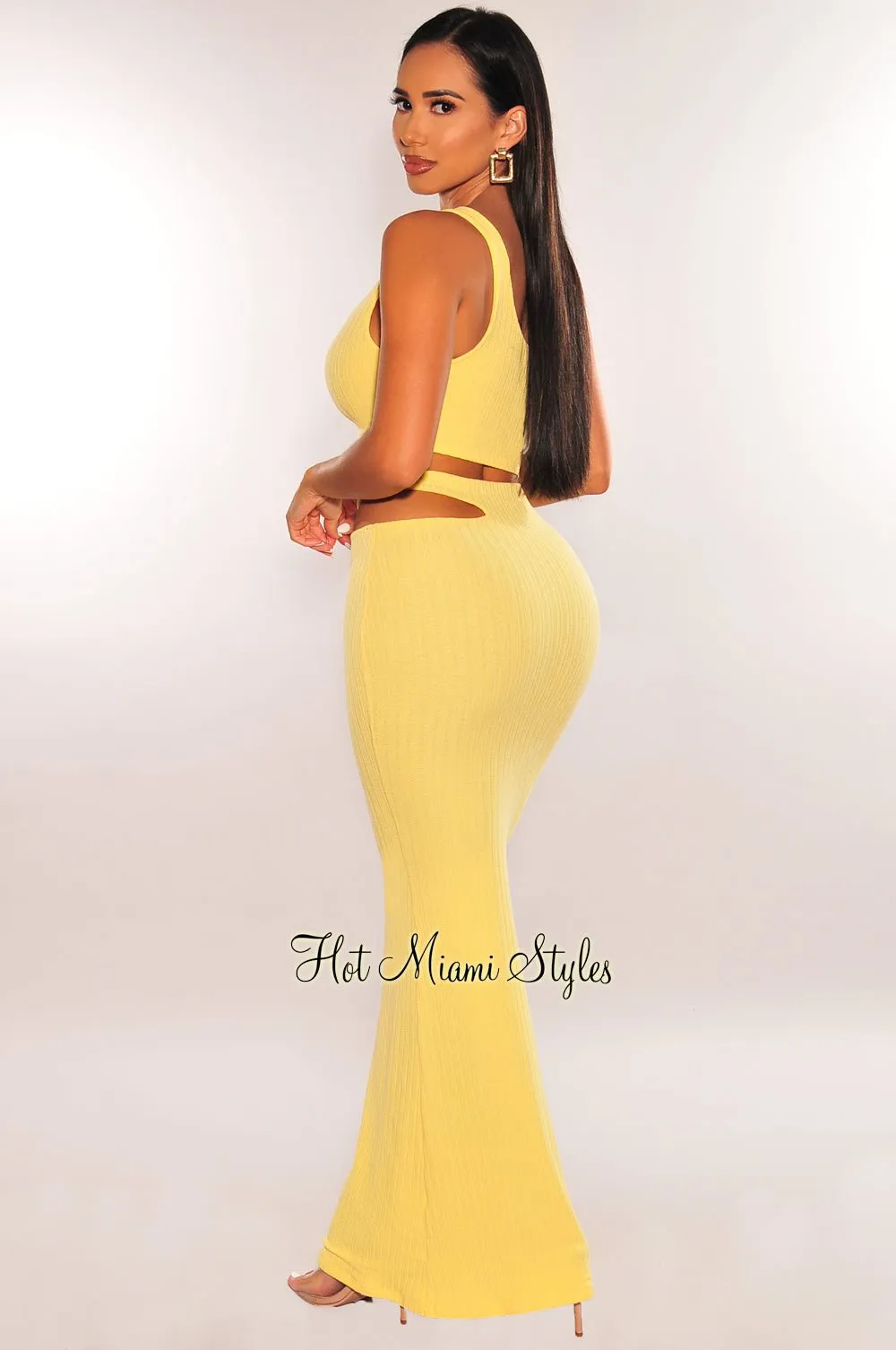 Yellow Ribbed One Shoulder Cut Out Maxi Skirt Two Piece Set