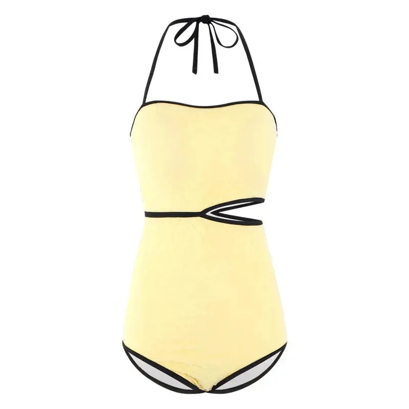 YESMYTOOL  -  2024 New Yellow One Piece Swimsuits Sexy Lace Up Hollow Out Swimwear Female Korean Casual Beachwear Solid Swimsuits For Women