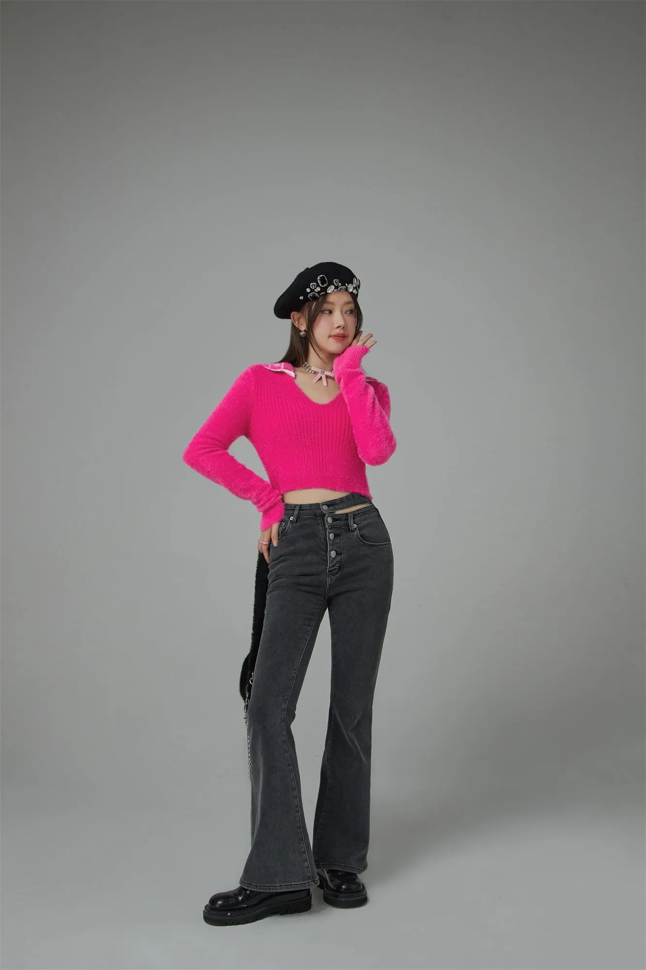 Your Sweetheart Open Collar Cropped Knit Top