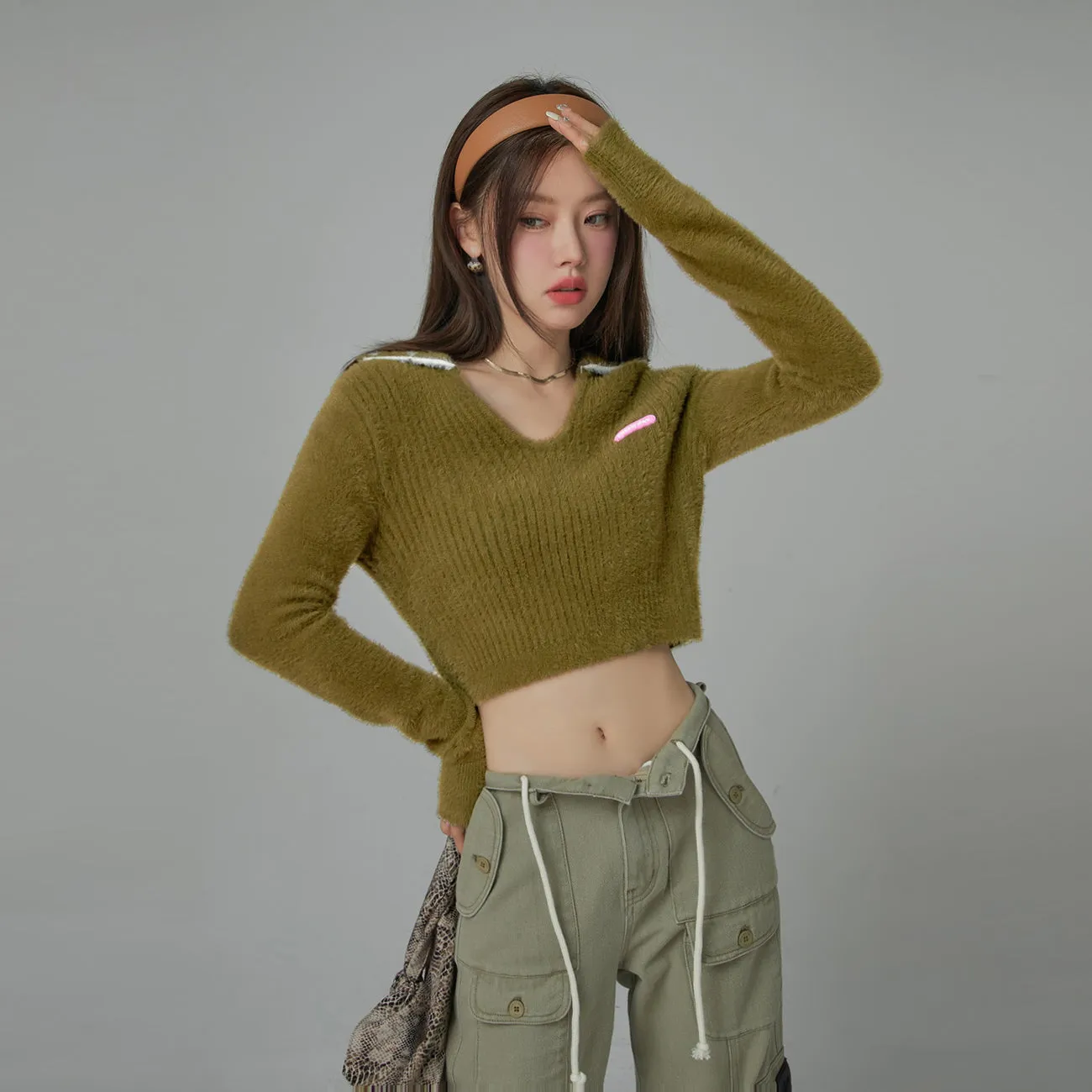 Your Sweetheart Open Collar Cropped Knit Top