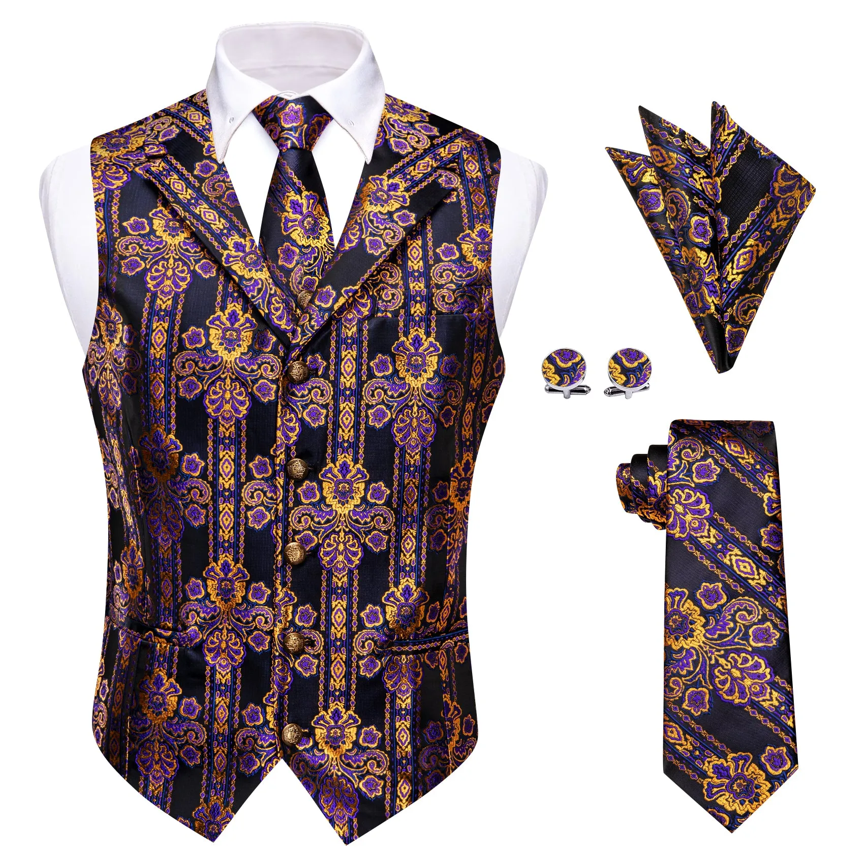 YourTies Black Purple Gold Black Floral Silk Men's Vest Necktie Set