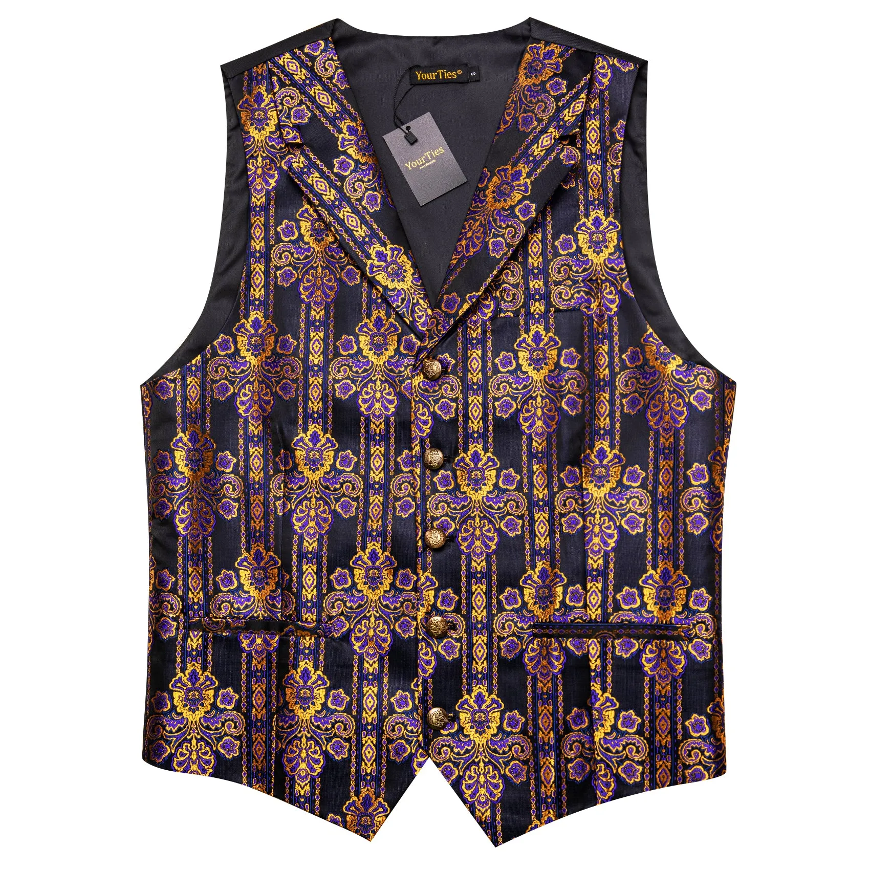 YourTies Black Purple Gold Black Floral Silk Men's Vest Necktie Set