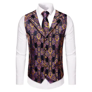 YourTies Black Purple Gold Black Floral Silk Men's Vest Necktie Set