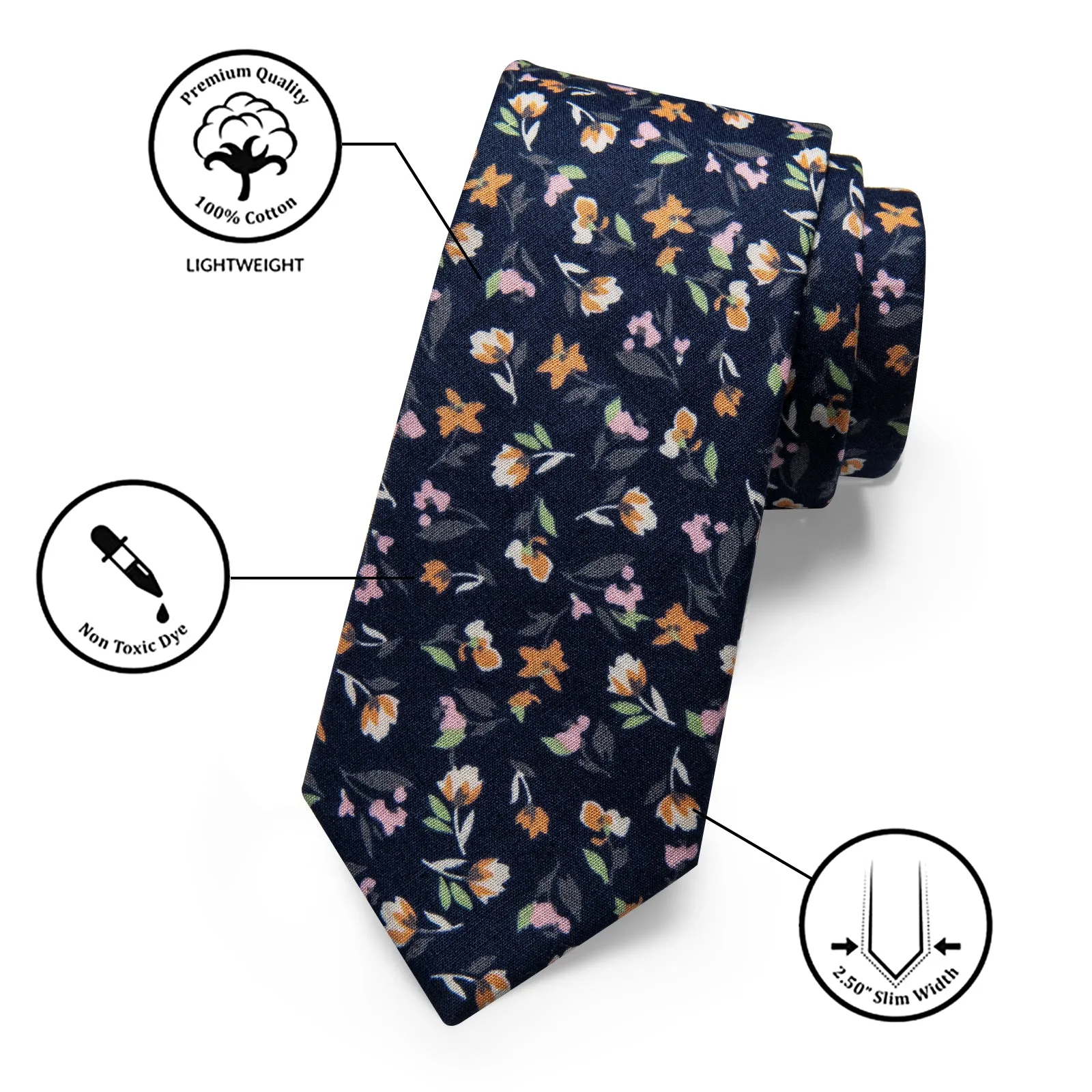 YourTies Dark Blue Floral Printed Skinny Tie Set with Tie Clip