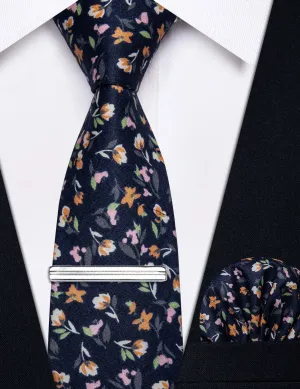 YourTies Dark Blue Floral Printed Skinny Tie Set with Tie Clip