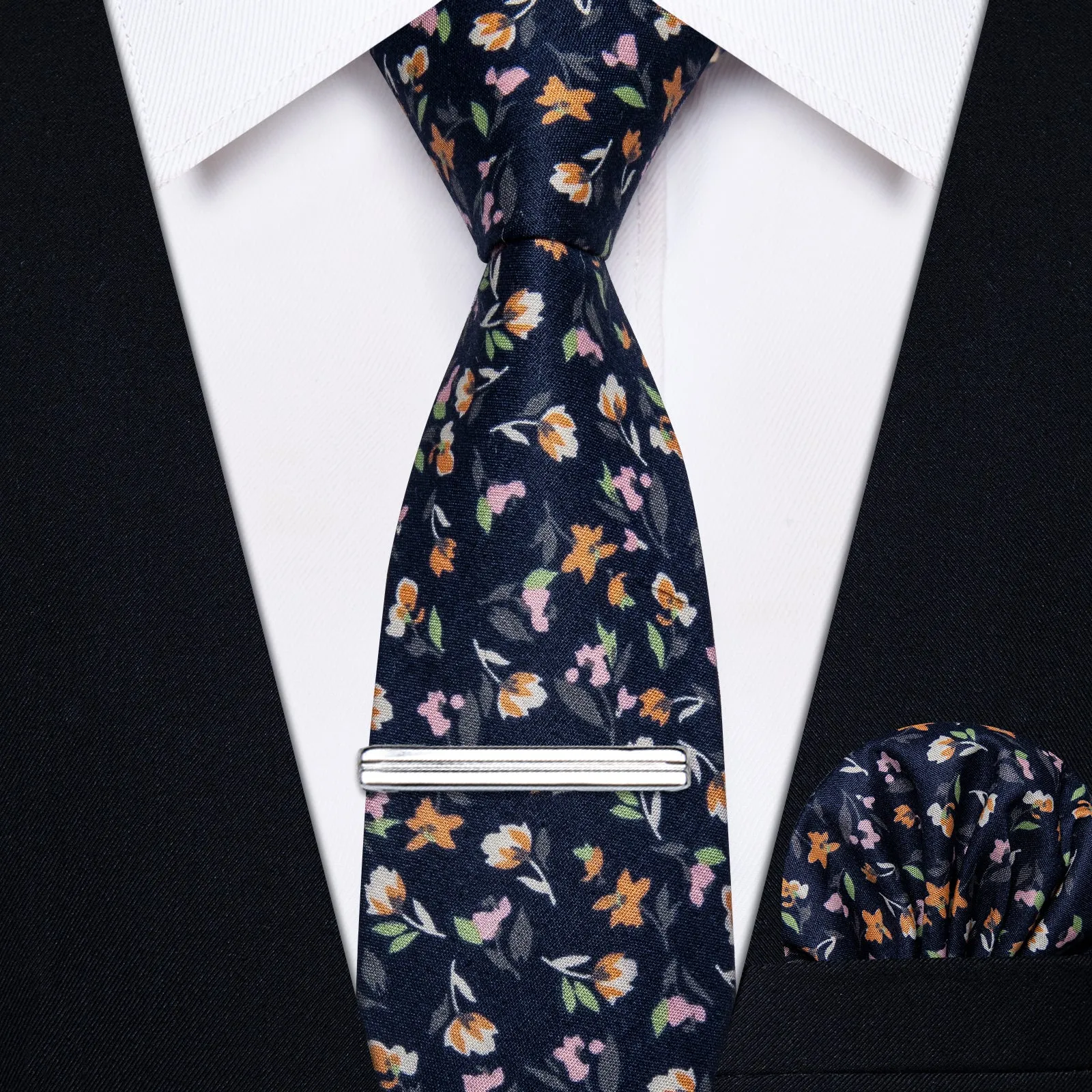 YourTies Dark Blue Floral Printed Skinny Tie Set with Tie Clip