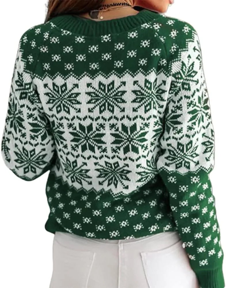 ZAFUL Women's Christmas Snowflake Reindeer Knitted Sweater Long Sleeve Crew Neck Heart Animal Print Pullover Knitwear