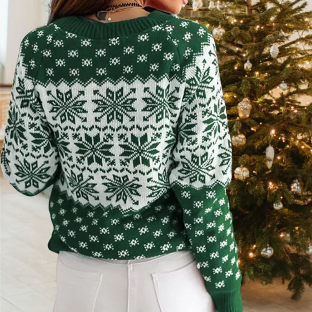 ZAFUL Women's Christmas Snowflake Reindeer Knitted Sweater Long Sleeve Crew Neck Heart Animal Print Pullover Knitwear