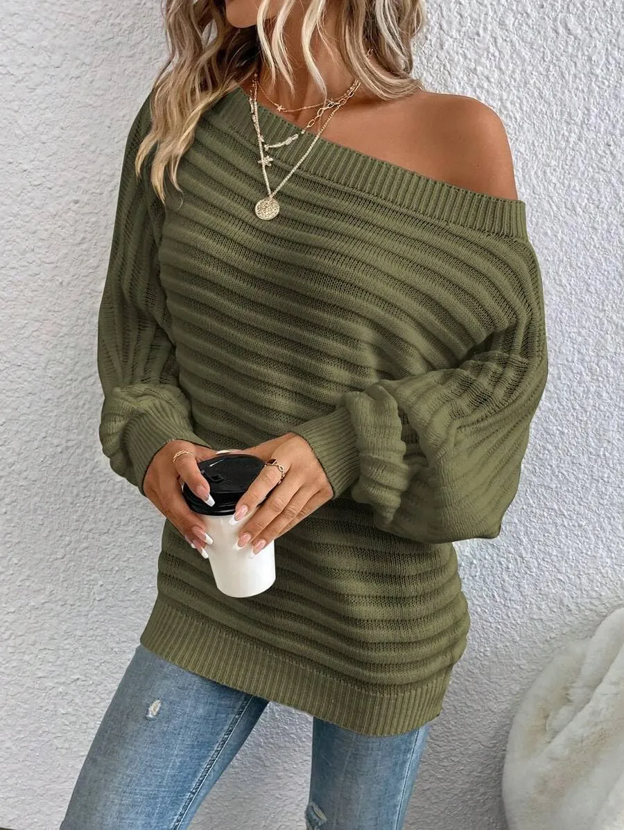ZAFUL Womens Fall Sweaters Off The Shoulder Batwing Sleeve Textured Knit Tops Oversized One Shoulder Sweater