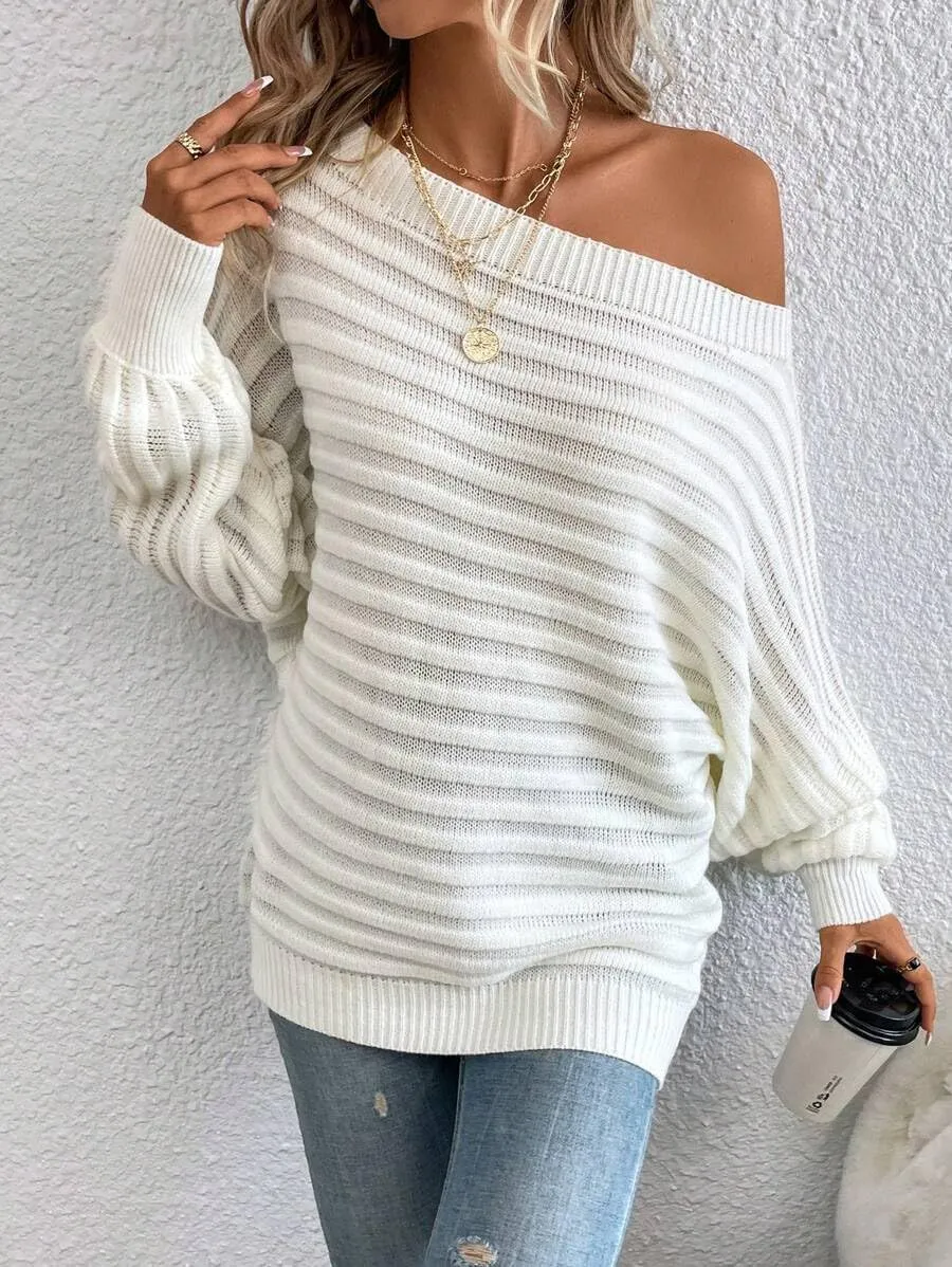 ZAFUL Womens Fall Sweaters Off The Shoulder Batwing Sleeve Textured Knit Tops Oversized One Shoulder Sweater