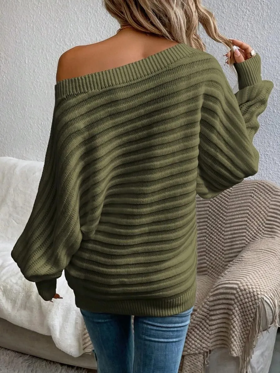 ZAFUL Womens Fall Sweaters Off The Shoulder Batwing Sleeve Textured Knit Tops Oversized One Shoulder Sweater