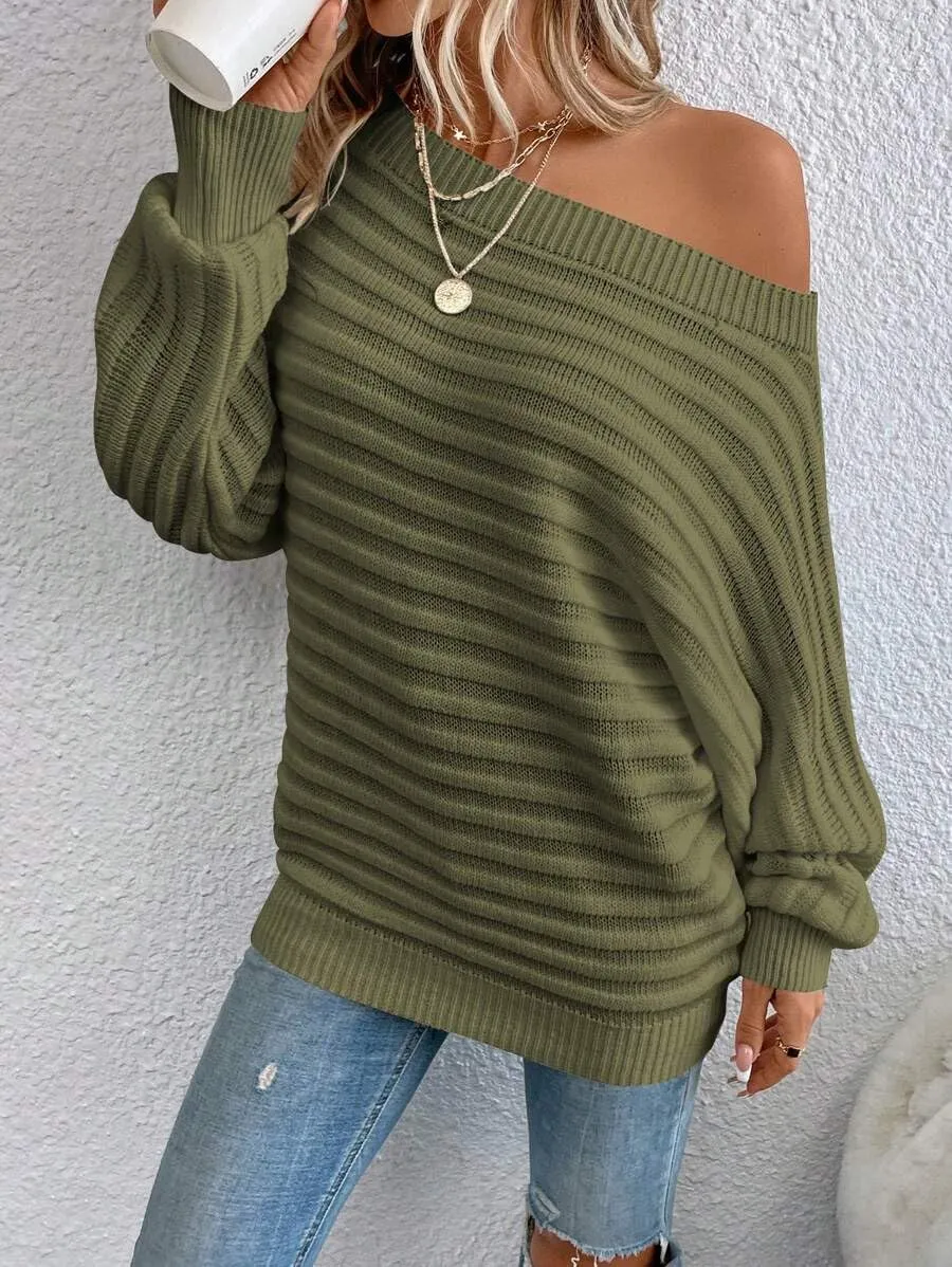 ZAFUL Womens Fall Sweaters Off The Shoulder Batwing Sleeve Textured Knit Tops Oversized One Shoulder Sweater