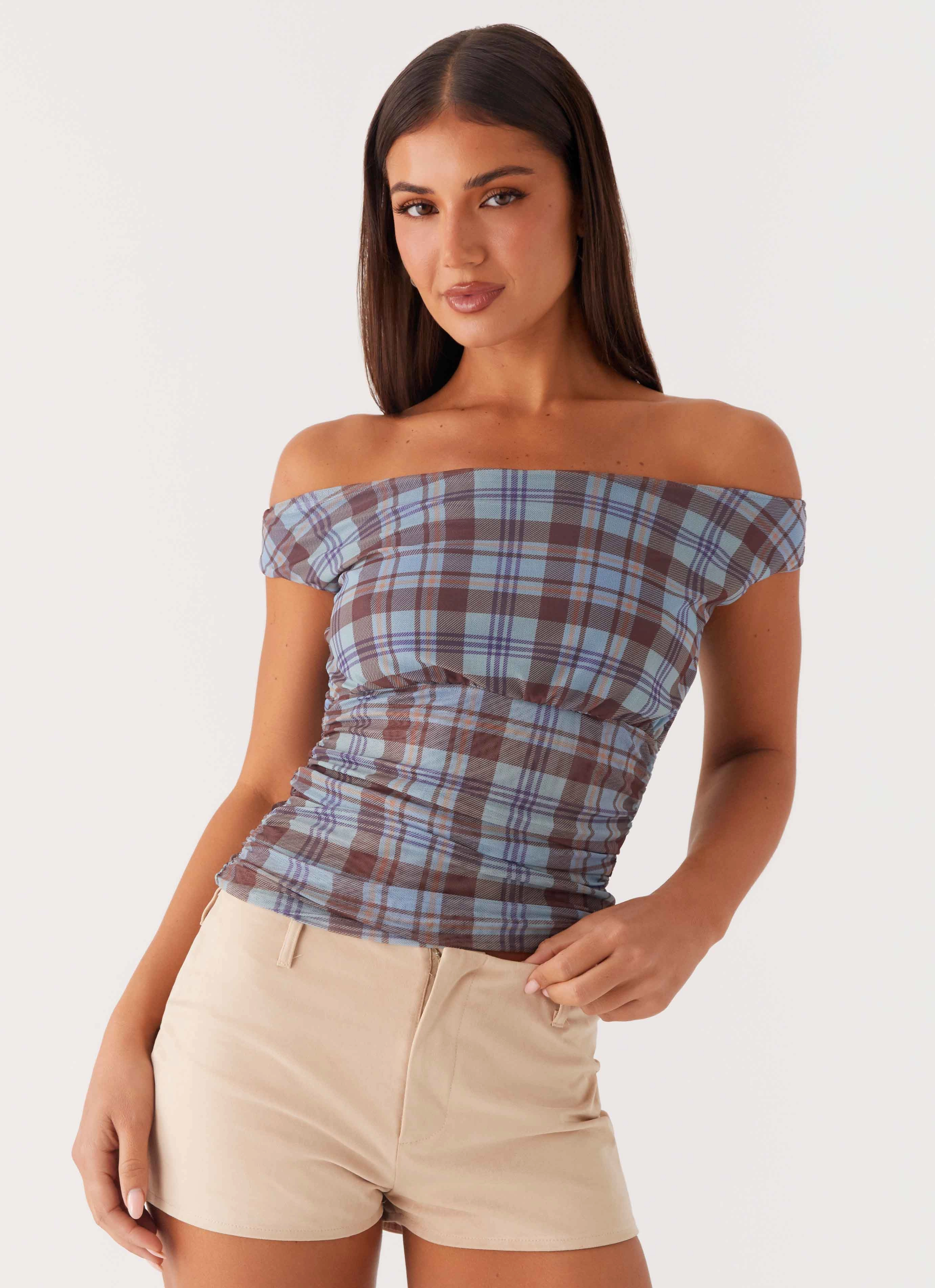 Zahli Off Shoulder Top - Shoreline Check MultiFunctional Pocket Placement
