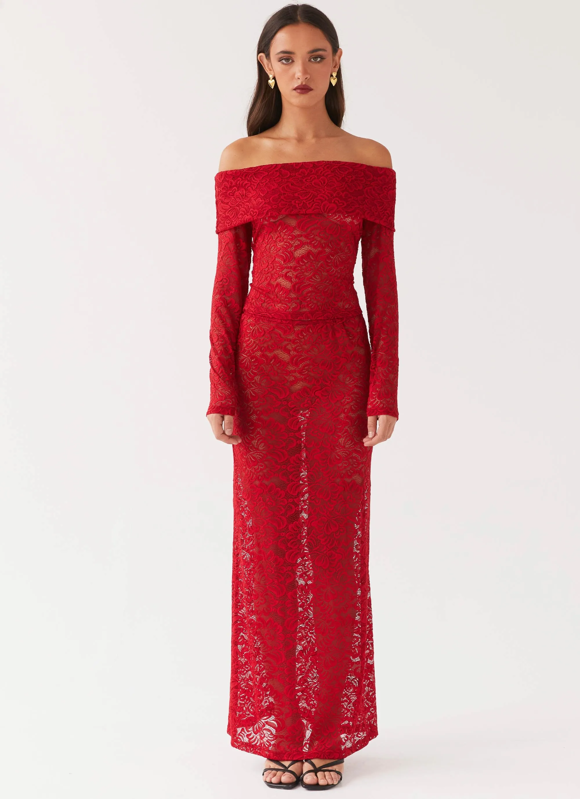 Full Coverage Flexible Cut Zephyra Lace Maxi Skirt - Red