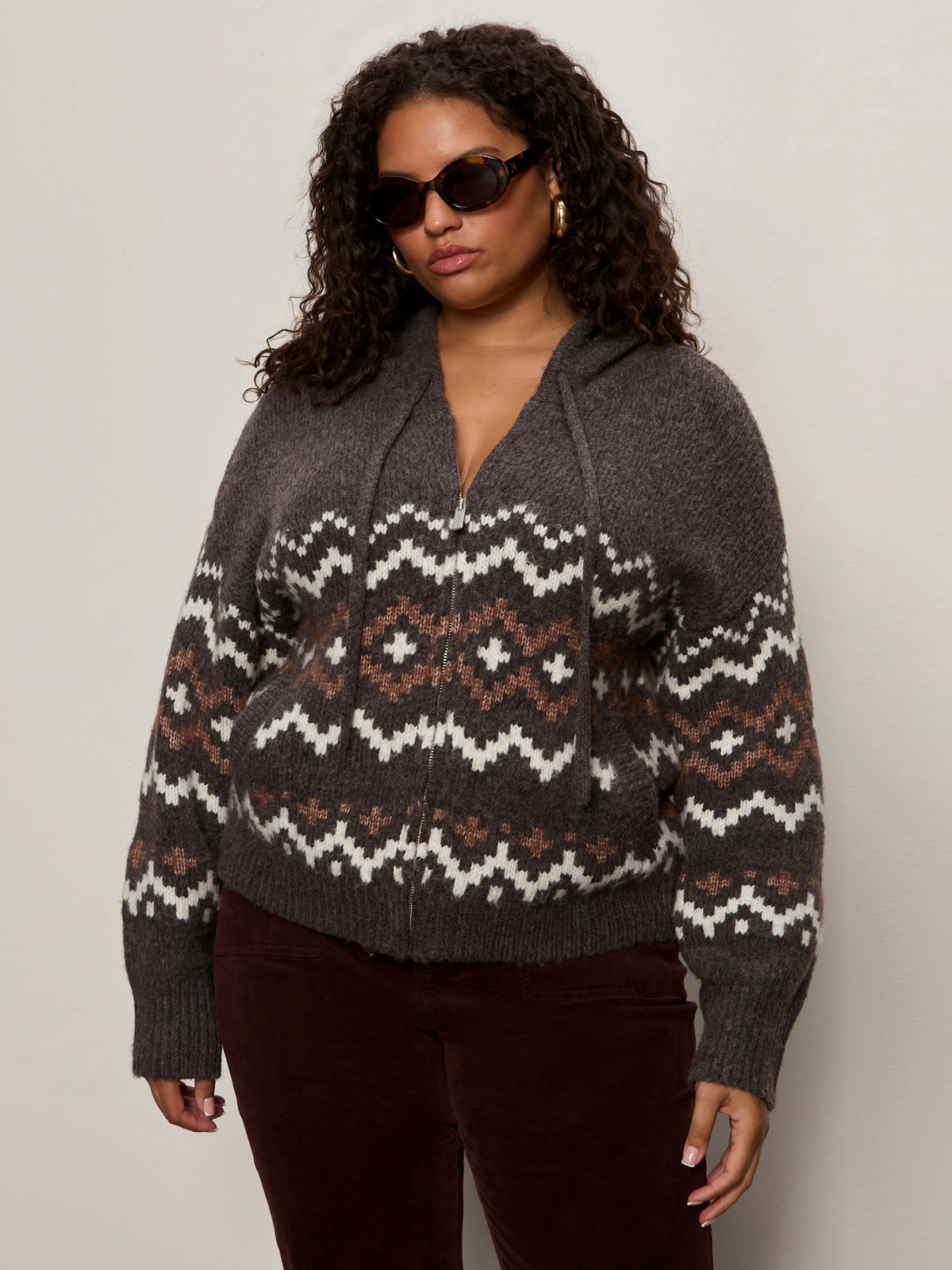 Zip-Up Fairisle Hoodie Mocha Fairisle Extended Sizing Fresh Layer